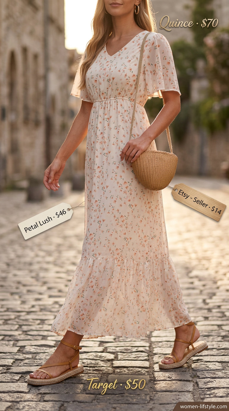 Comfy everyday summer outfits for women 2026: Floral maxi dress, espadrilles, crossbody bag, and gold hoops for sunset.