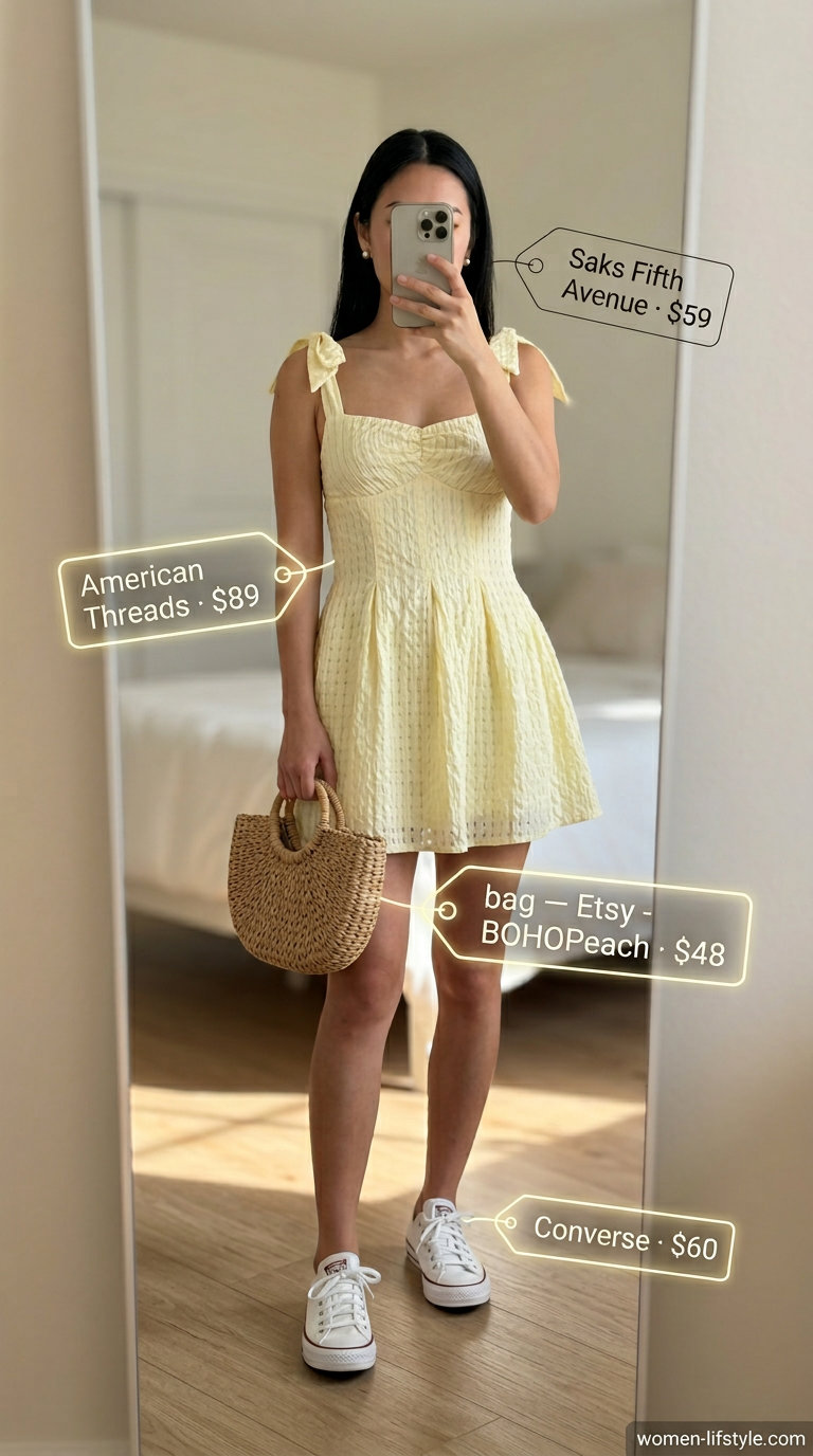 Comfy everyday summer outfits for women 2026: Yellow gingham sundress, white sneakers, straw basket bag, gold studs.