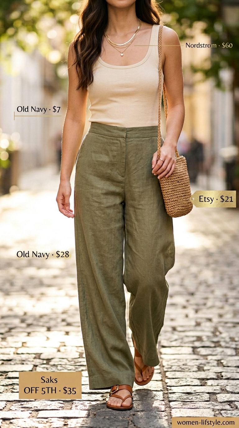 Comfy everyday summer outfits for women 2026: Olive linen pants, cream tank, straw bag, and flat sandals.
