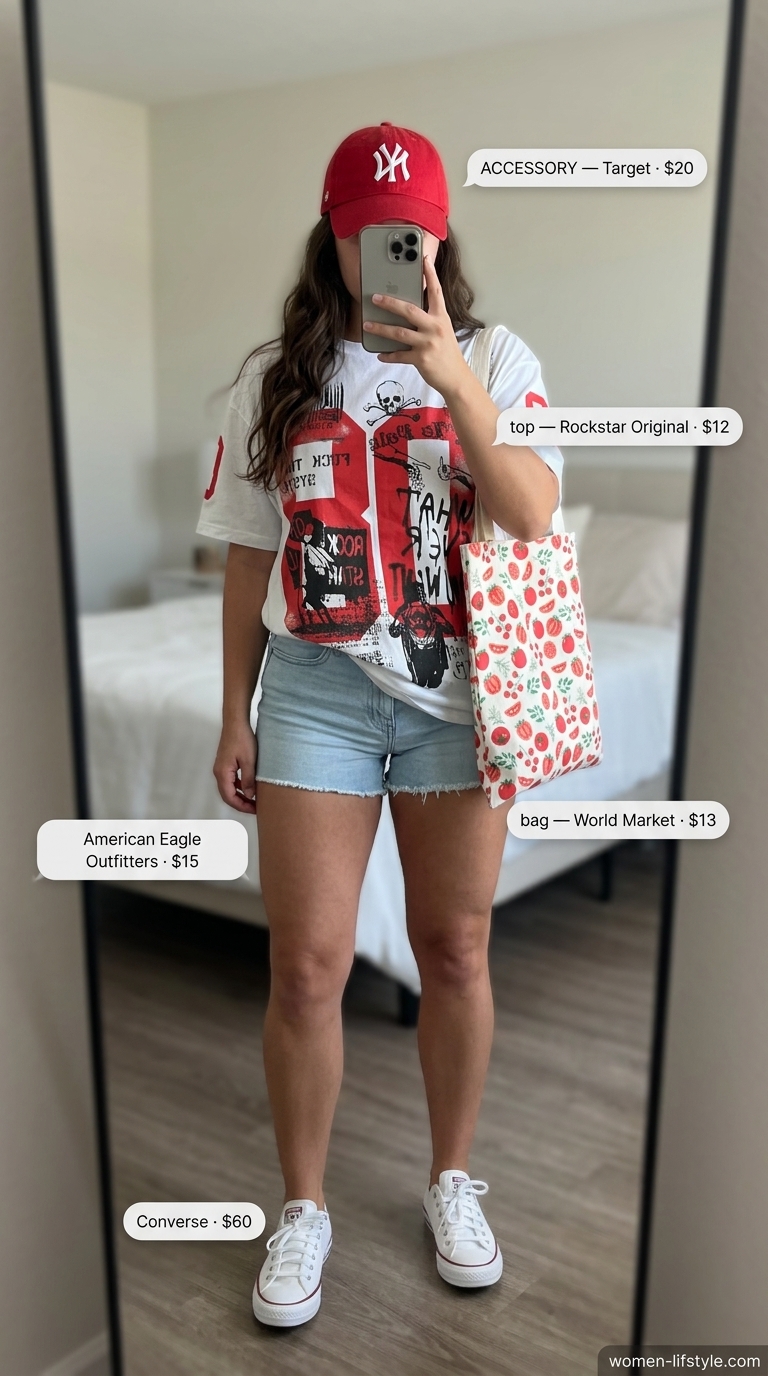 Comfy everyday summer outfits for women 2026: Graphic tee, denim shorts, sneakers, and baseball cap for weekend vibes.