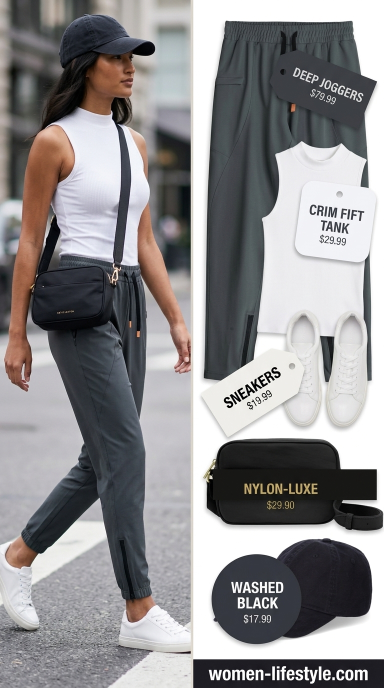 Comfy everyday summer outfits for women 2026: Joggers, mock-neck top, sneakers, and crossbody bag for travel.