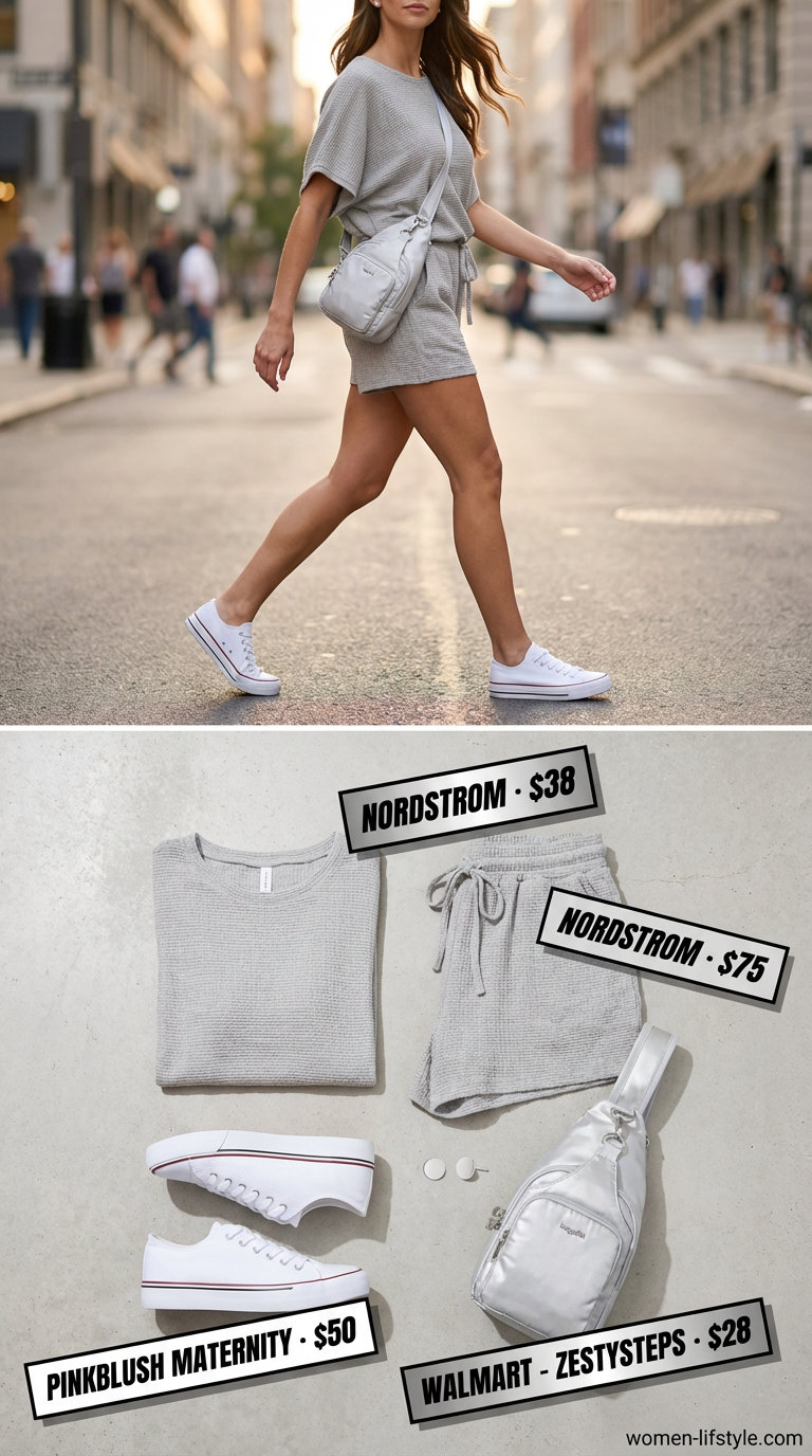 Comfy everyday summer outfits for women 2026: Grey knit shorts set, white sneakers, silver belt bag, stud earrings.