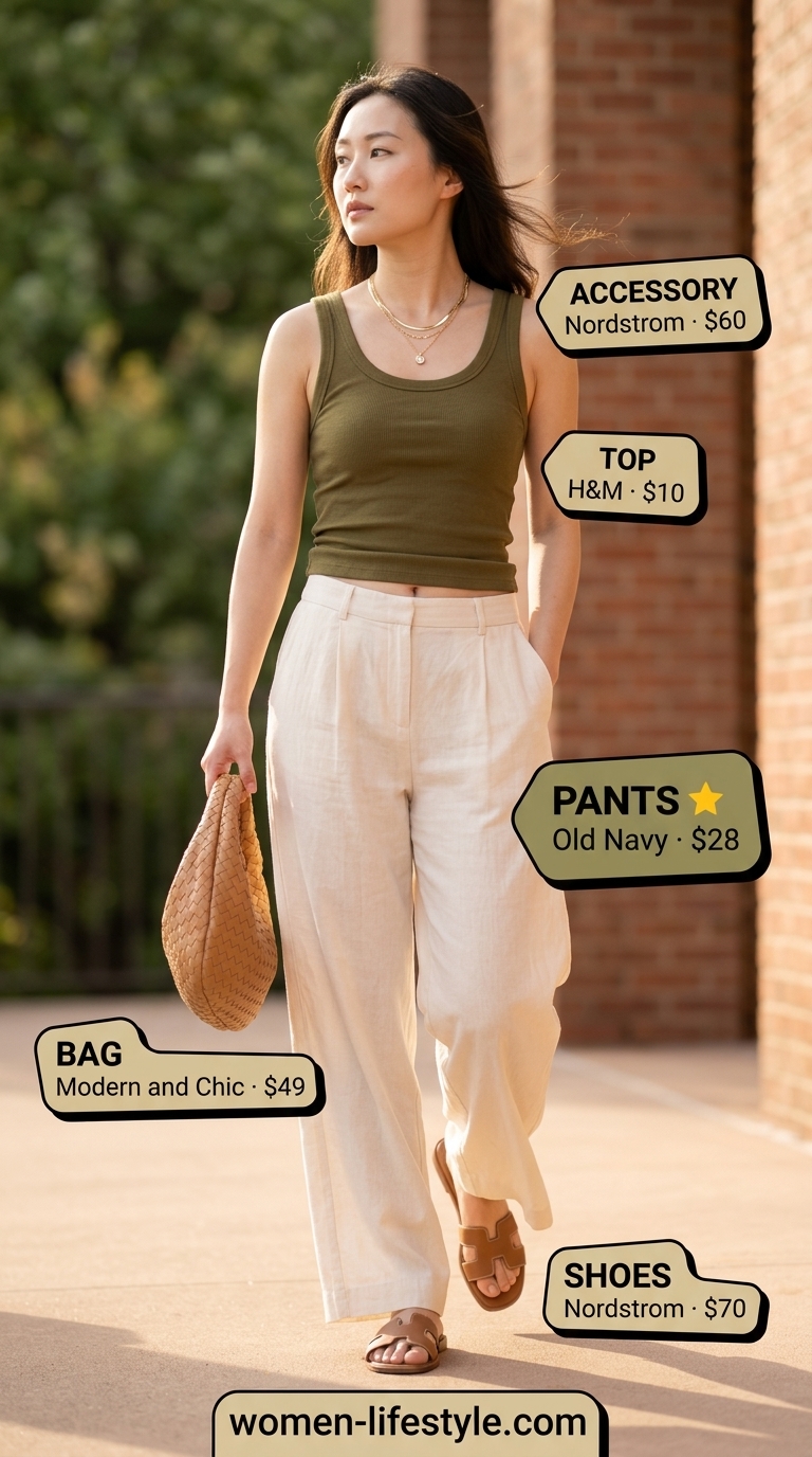 Comfy everyday summer outfits for women 2026: Cream linen pants, olive ribbed tank, and tan belt bag for brunch.