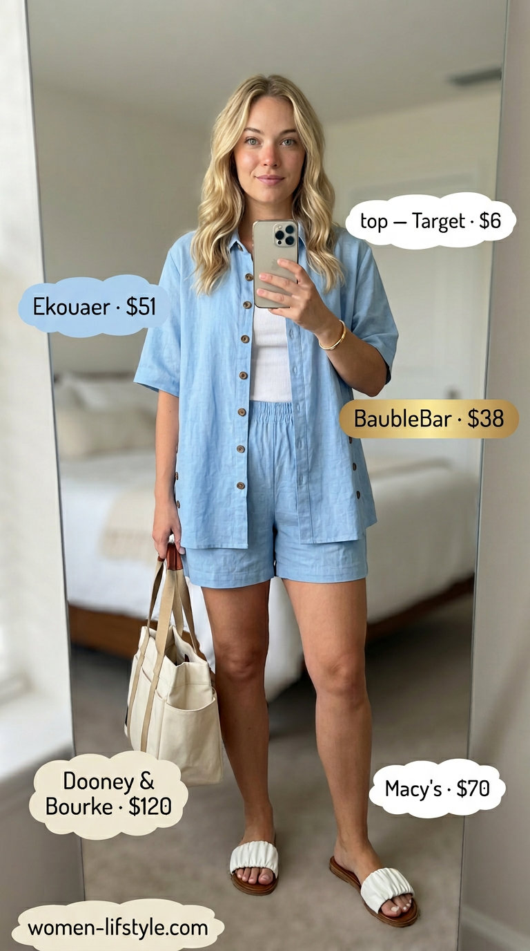 Comfy everyday summer outfits for women 2026: Linen shorts set, ribbed tank, leather slides, and tote for a casual day.