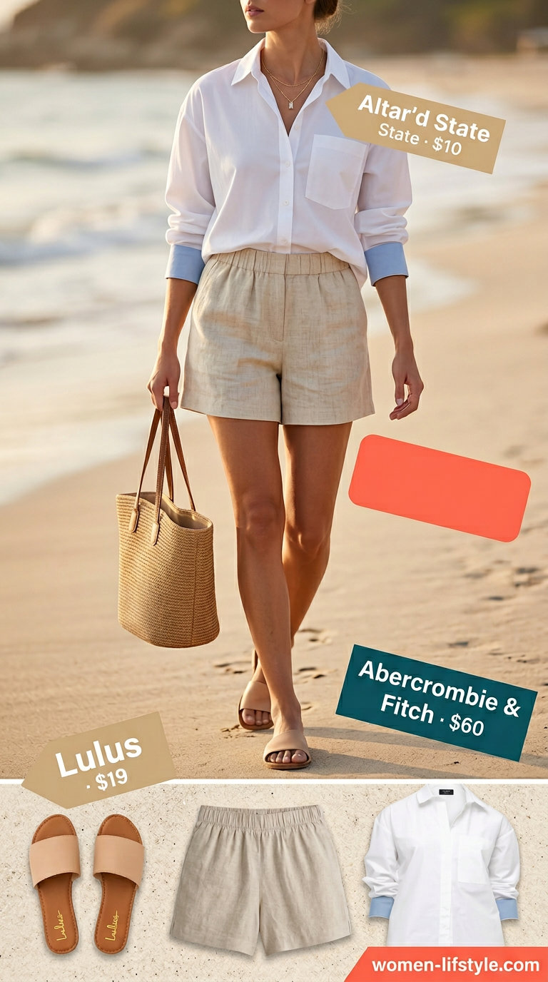 Comfy everyday summer outfits for women 2026: Linen shorts, oversized white shirt, straw tote, slide sandals.