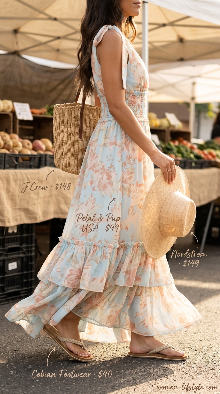 Comfy everyday summer outfits for women 2026: Flowy maxi dress, flat sandals, straw hat, and tote for a picnic.