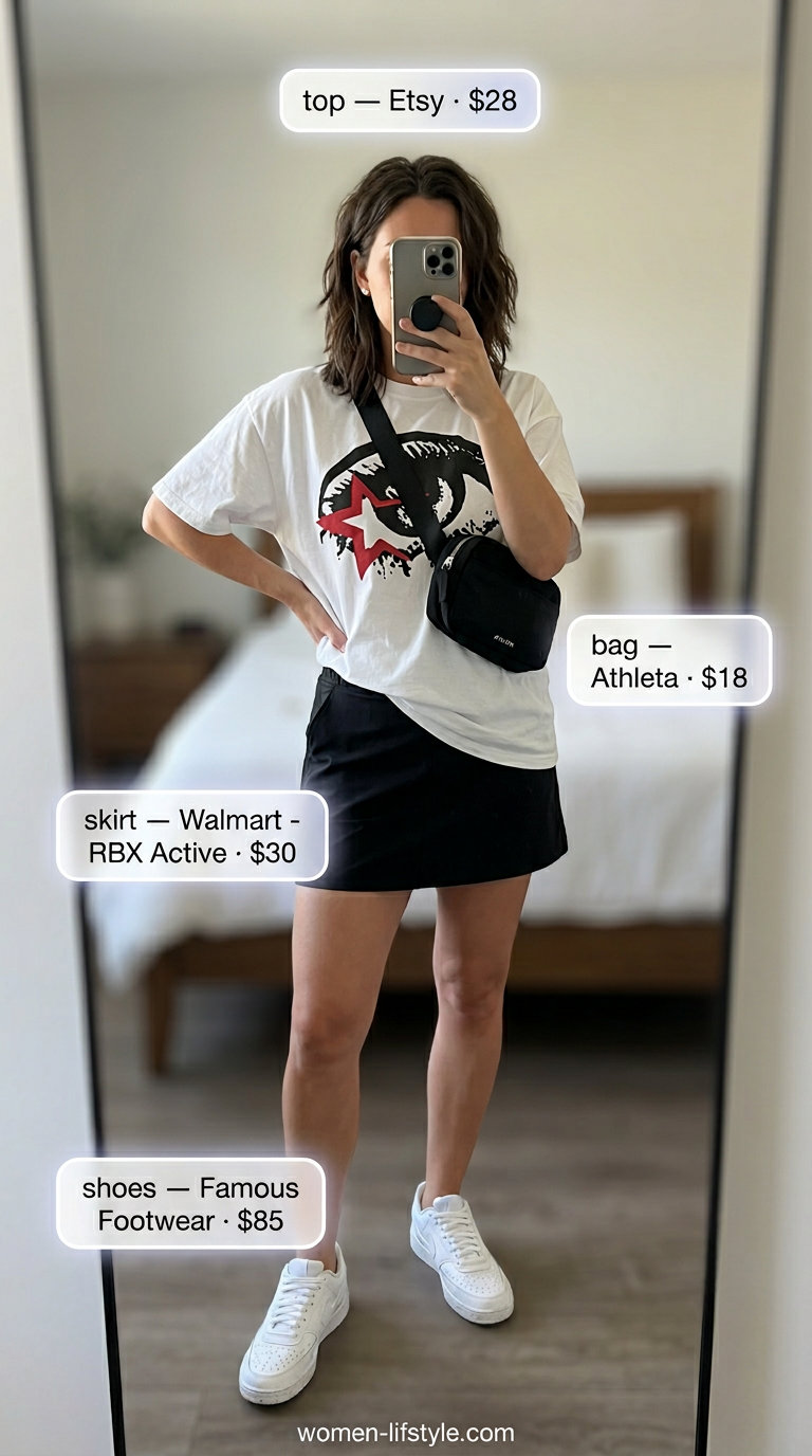 Comfy everyday summer outfits for women 2026: Black midi skirt, graphic tee, white sneakers, belt bag, silver earrings.
