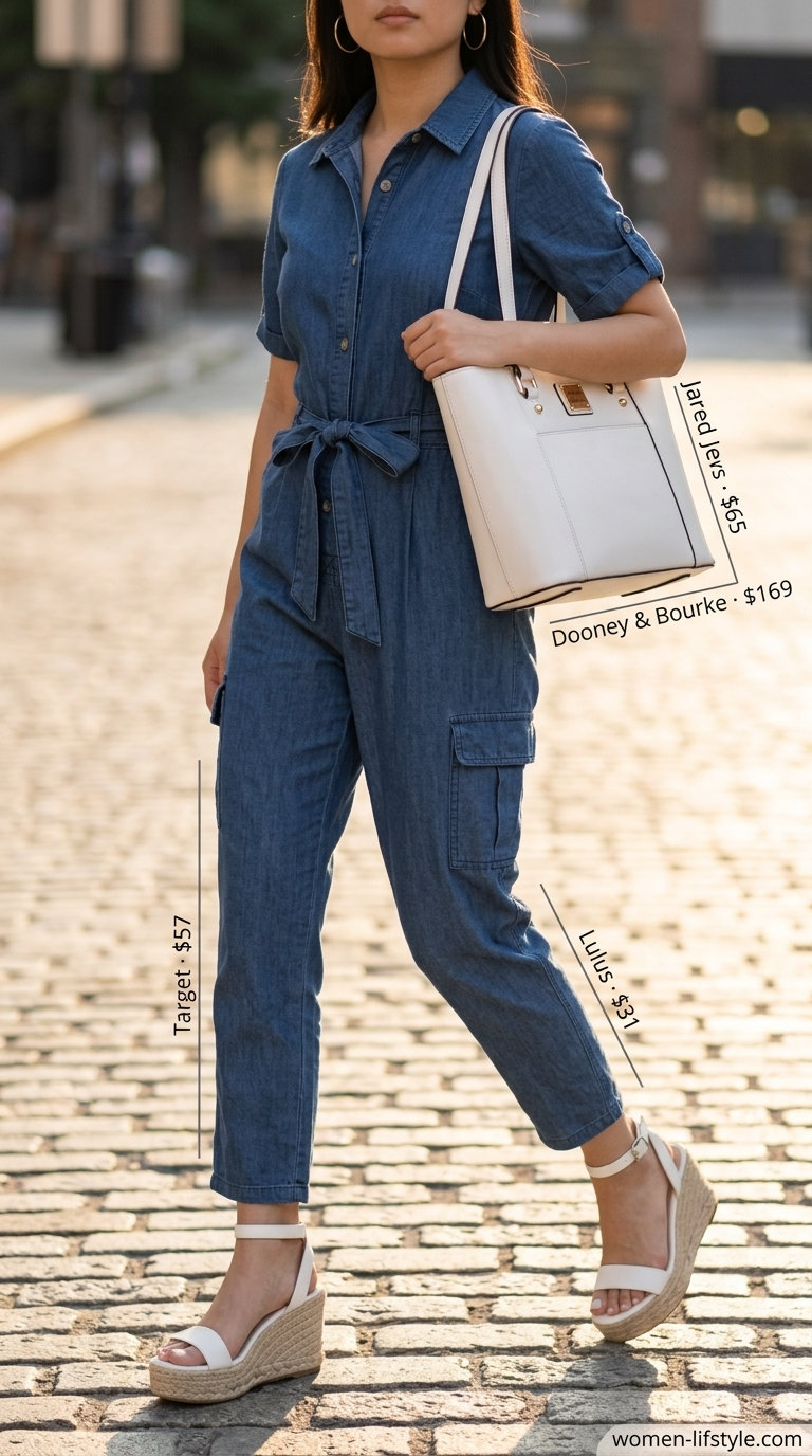 Comfy everyday summer outfits for women 2026: Navy linen jumpsuit, wedge espadrilles, structured tote, gold hoops.