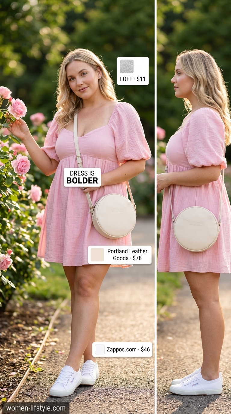 Comfy everyday summer outfits for women 2026: White gingham mini dress, sneakers, and silver earrings for park.