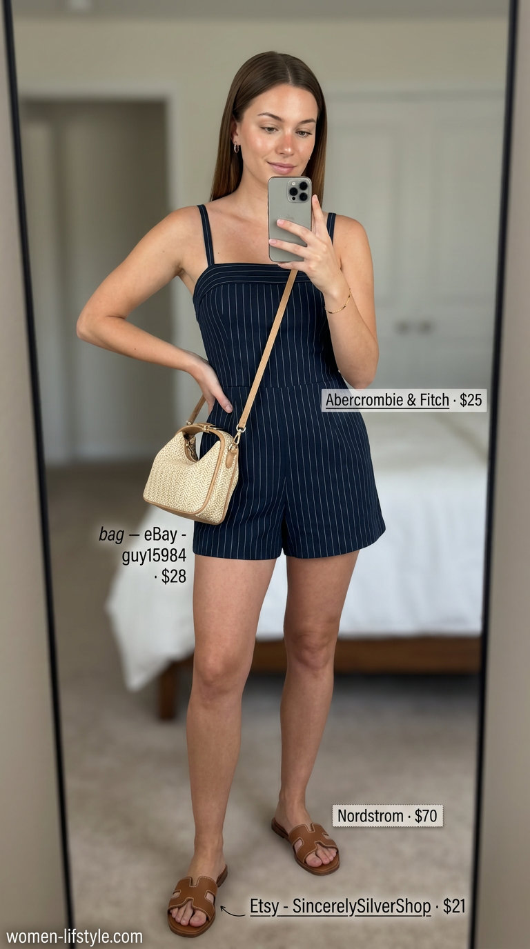 Comfy everyday summer outfits for women 2026: Navy pinstripe romper, tan slides, straw crossbody bag, gold bracelet.