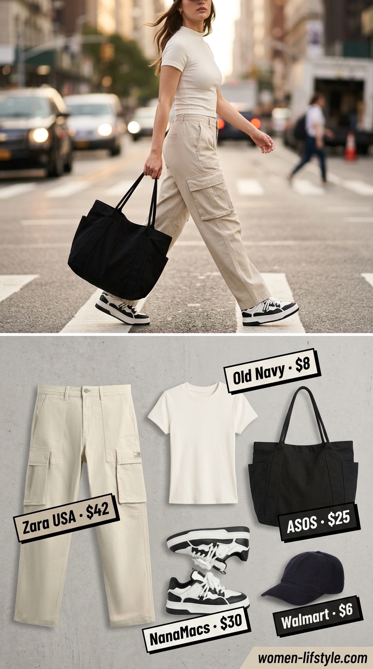 Comfy everyday summer outfits for women 2026: Stone beige cargo pants, white tee, and black cap for errands.