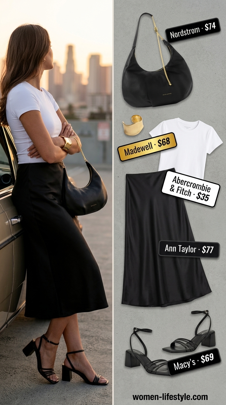 Comfy everyday summer outfits for women 2026: Satin slip skirt, fitted tee, heeled sandals, and shoulder bag for dinner.