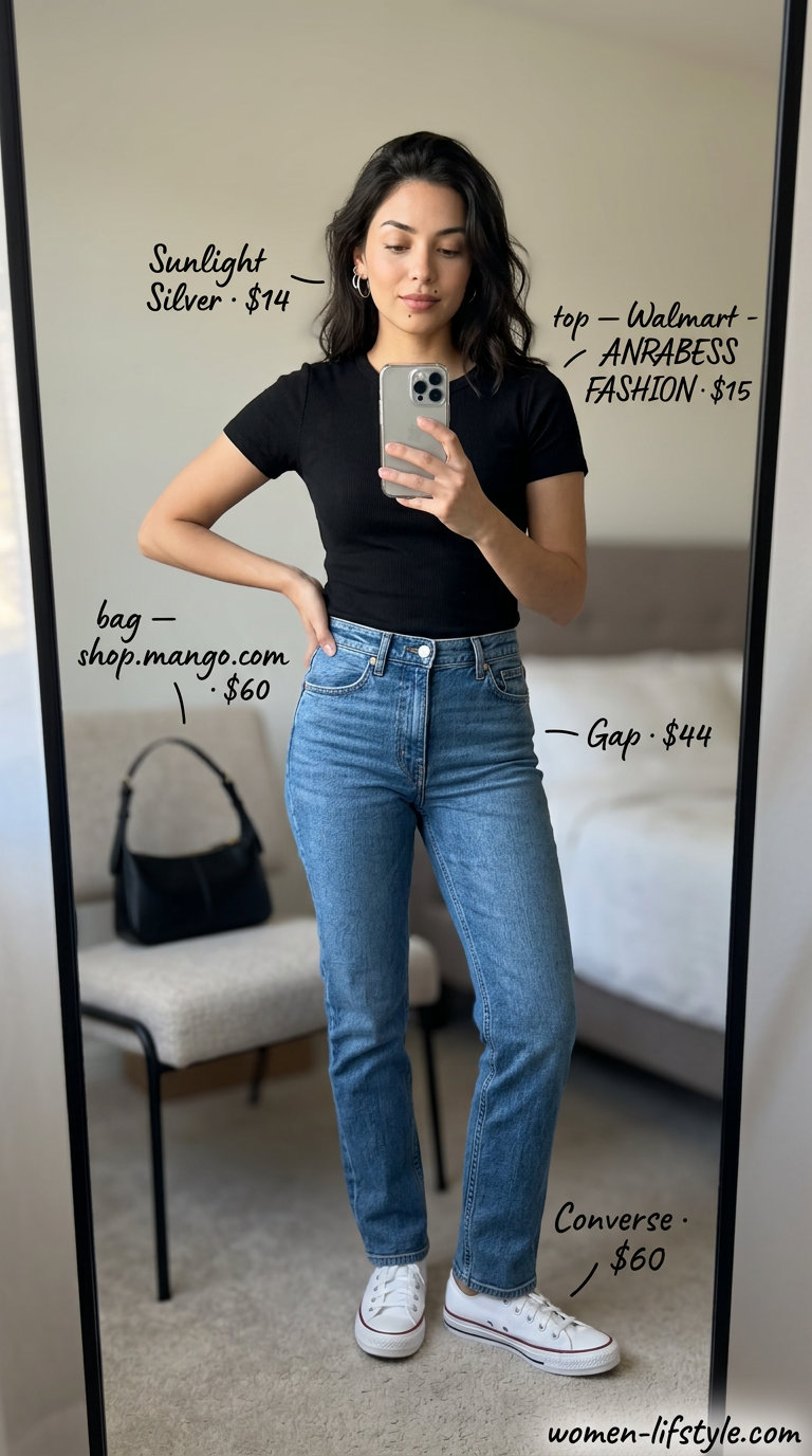 Comfy everyday summer outfits for women 2026: Straight-leg jeans, black ribbed top, white sneakers, crossbody bag.