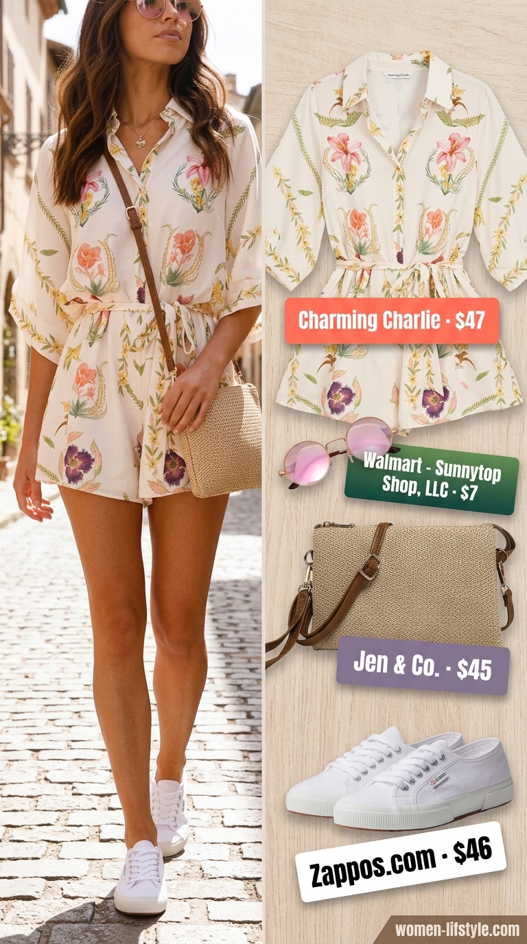 Comfy everyday summer outfits for women 2026: Coral floral romper, white sneakers, and straw bag for vacation.