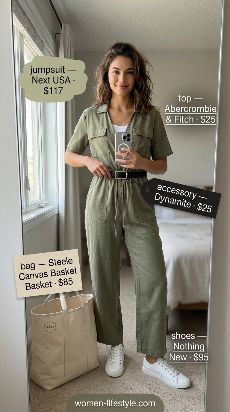 Comfy everyday summer outfits for women 2026: Utility jumpsuit, ribbed tank, sneakers, canvas tote, and belt for a casual day.