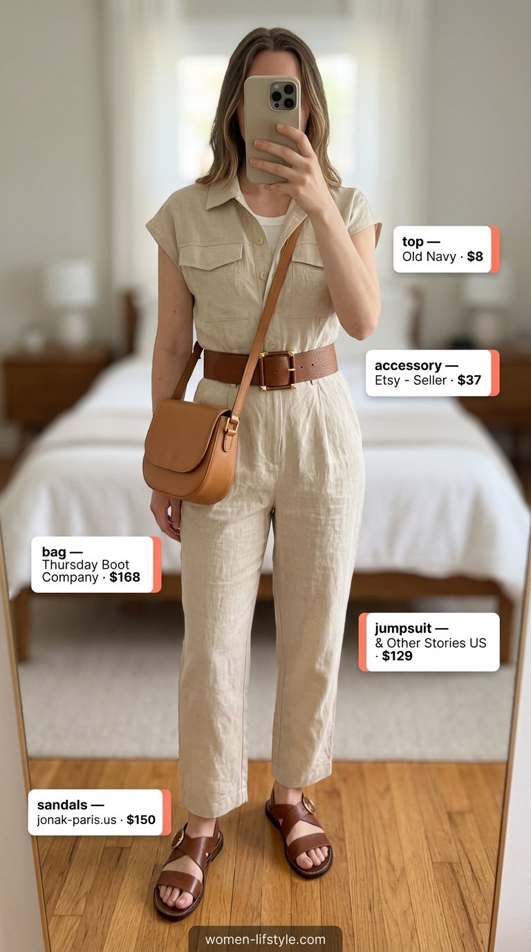 Comfy everyday summer outfits for women 2026: Khaki utility jumpsuit, white knit top, block sandals, crossbody bag.