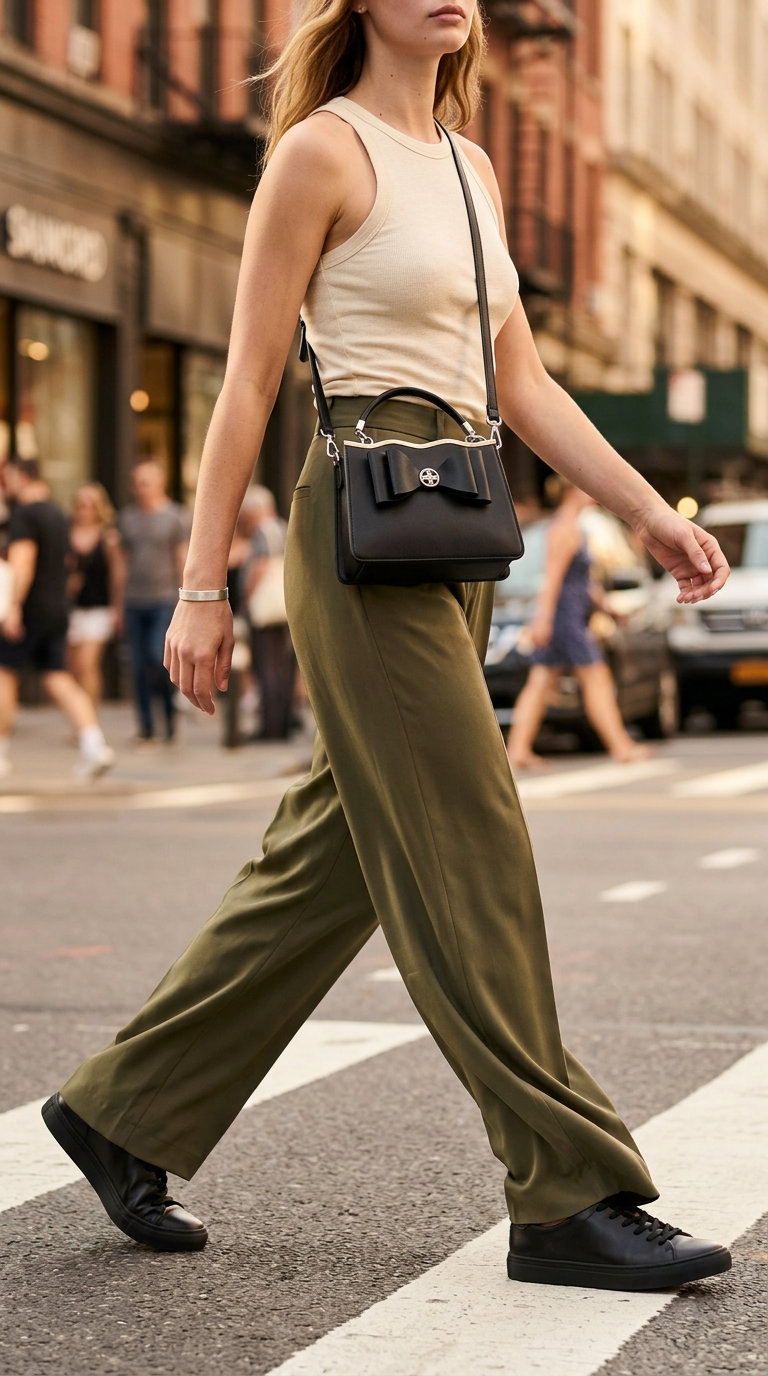 Comfy everyday summer outfits for women 2026: Wide-leg trousers, fitted tank, leather sneakers, and crossbody bag for city exploring.