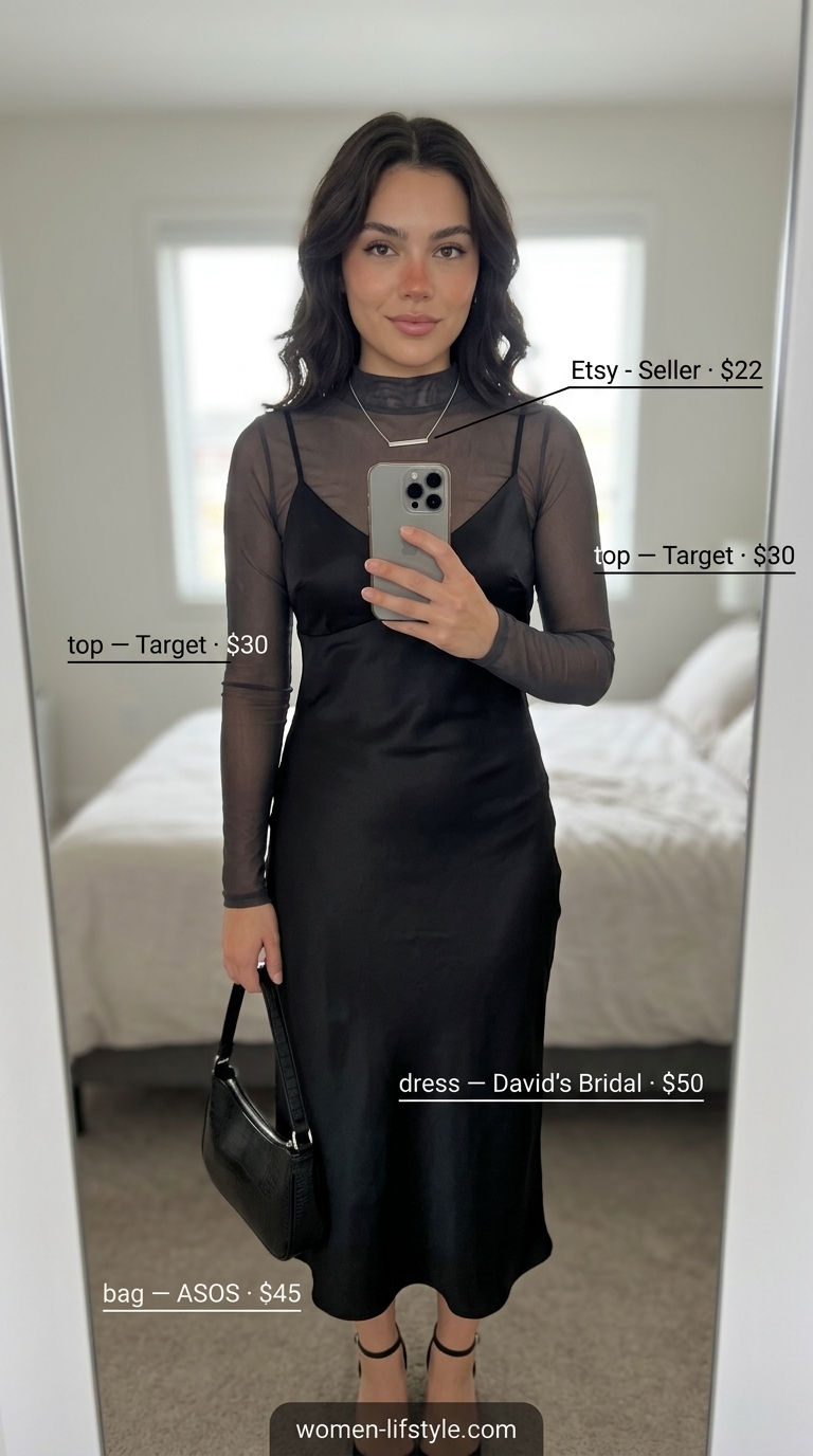 Black slip dress outfit for women 2026: satin slip dress, mesh top, silver necklace for date night.