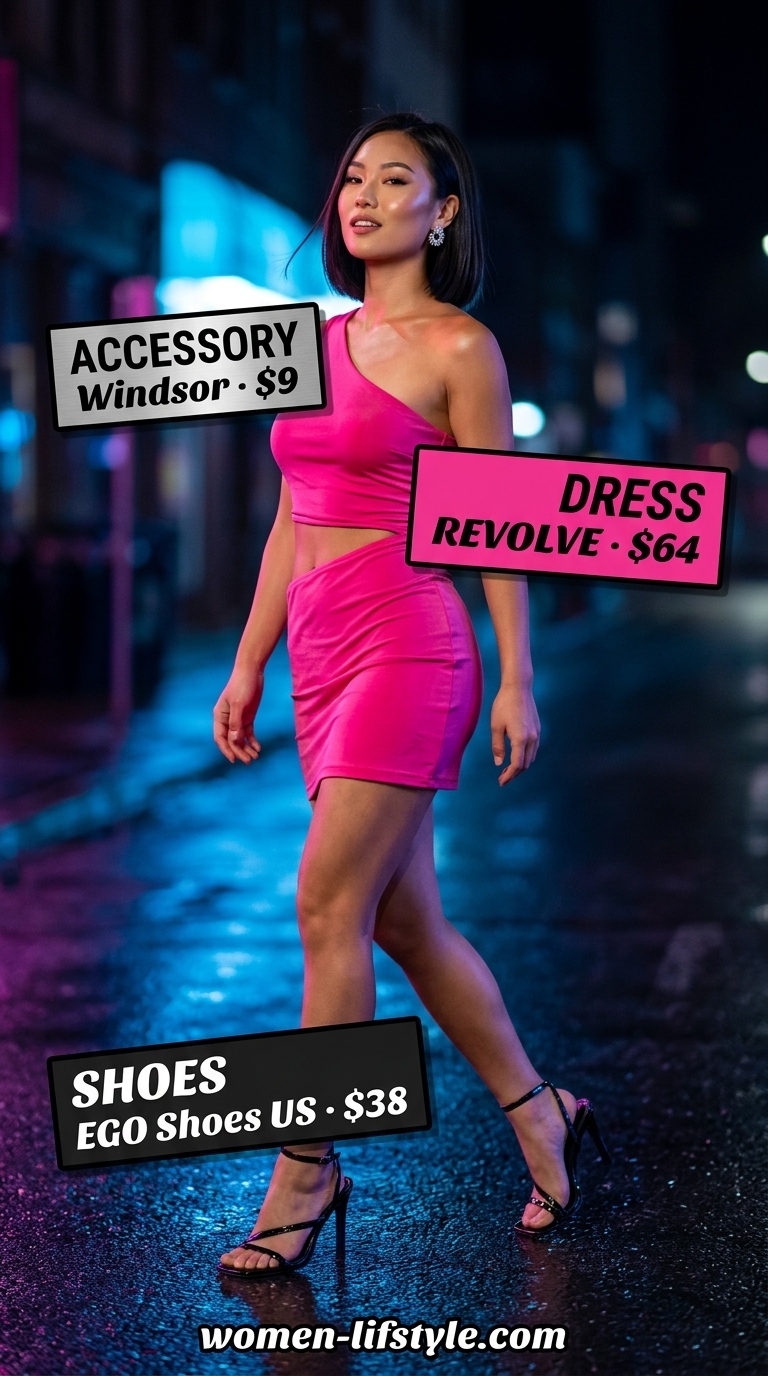 Hot pink bodycon dress outfit for women 2026: mini dress, black heels, silver earrings for a night out.