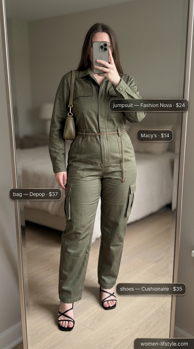 Khaki green jumpsuit outfit for women 2026: utility jumpsuit, gold belt, flat sandals for daytime event.