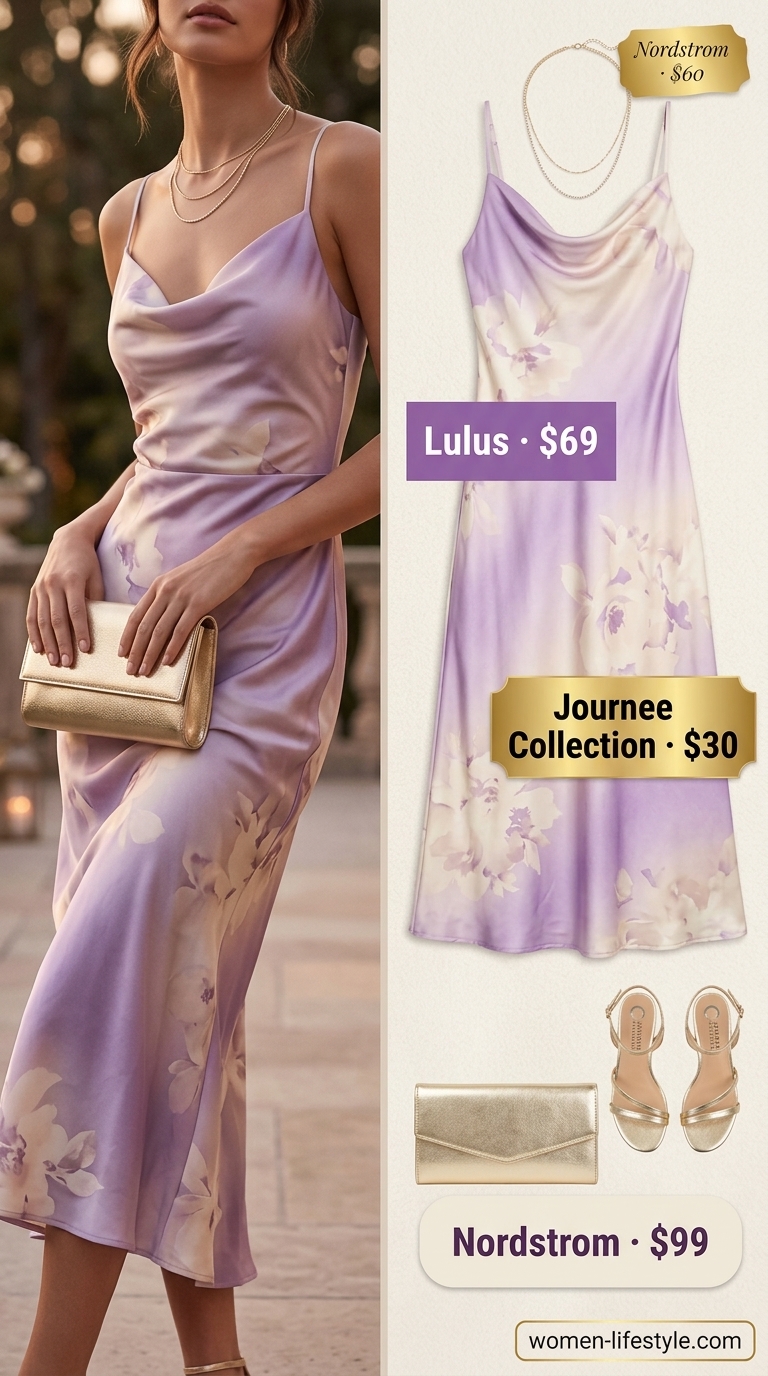 Lavender satin dress outfit for women 2026: midi slip dress, gold necklaces, cream sandals for date night.