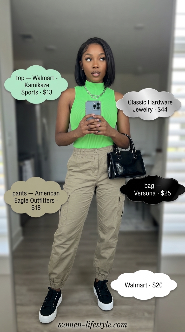 Neon green top outfit for women 2026: crop top, cargo pants, platform sneakers for urban exploration.
