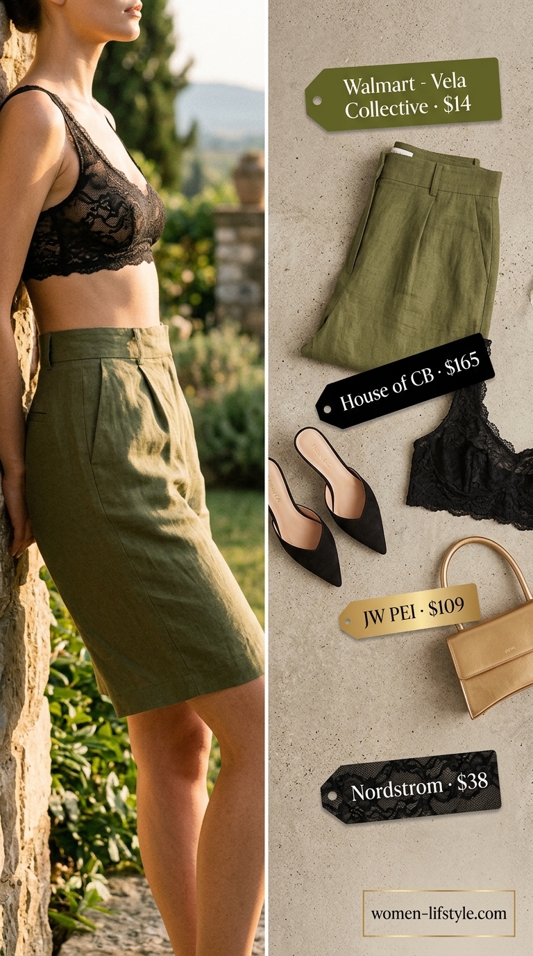 Olive green shorts outfit for women 2026: linen shorts, sheer blouse, bralette, black heels for garden party.