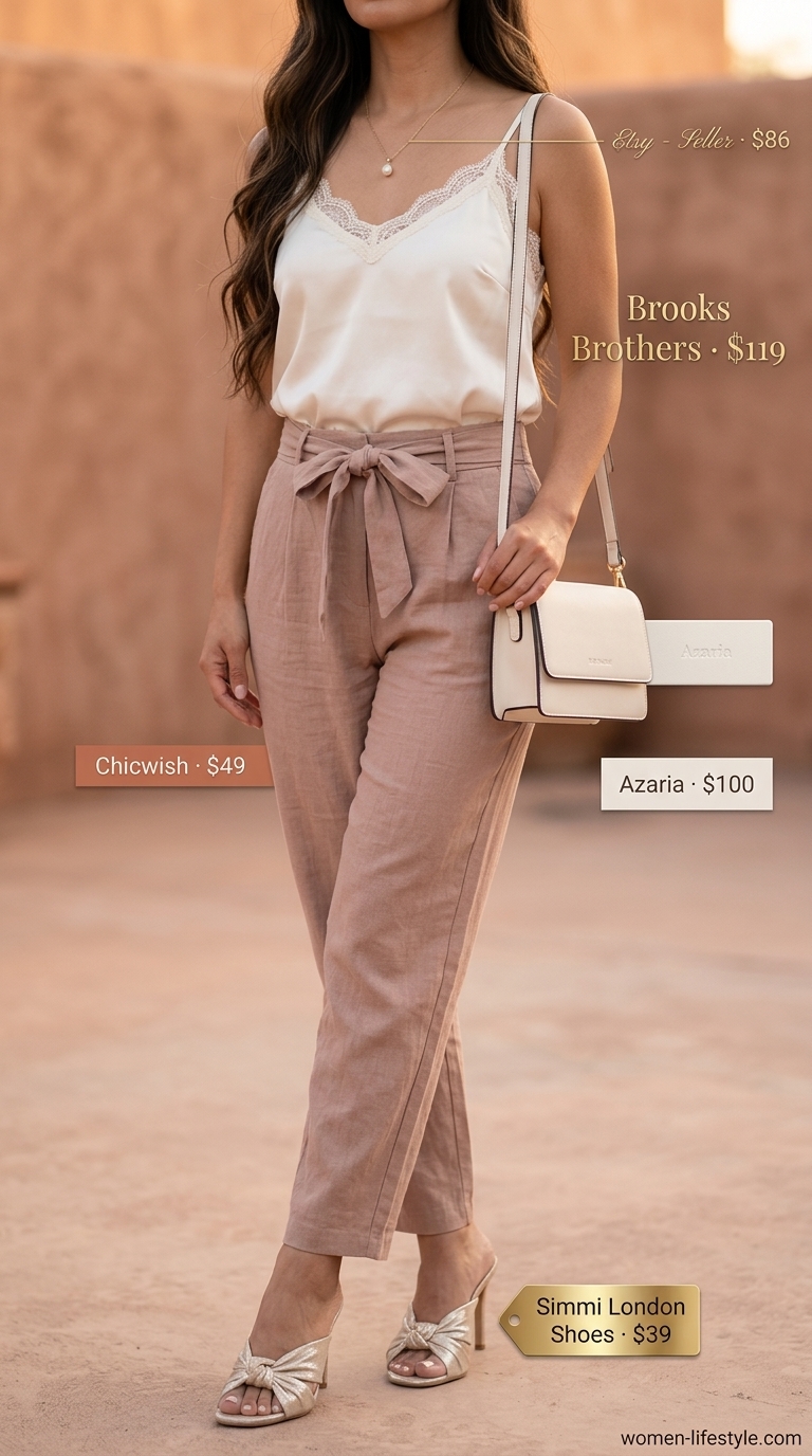 Rose beige linen pants outfit for women 2026: wide-leg pants, silk camisole, gold heels for resort dinner.