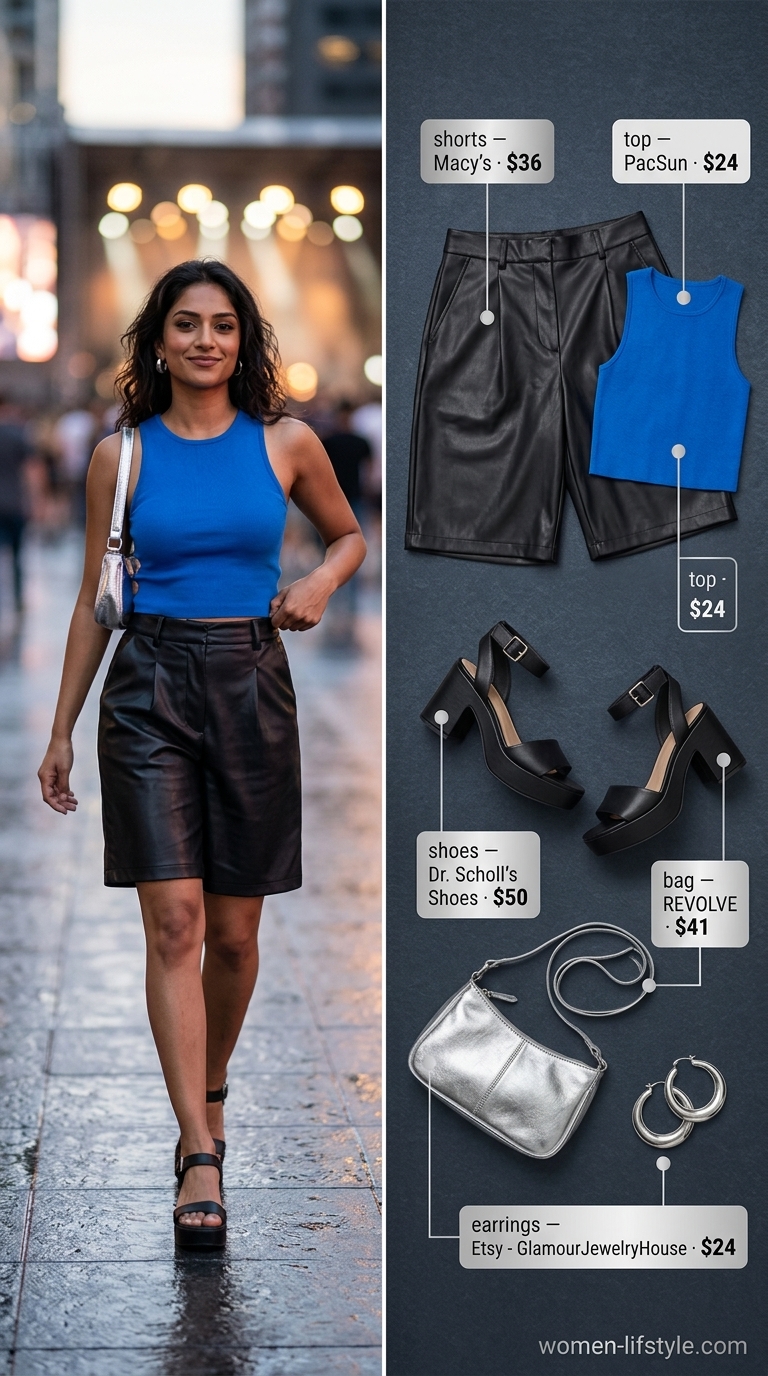 Cool and hot summer outfits for women 2026: Electric blue tank top, black faux leather shorts, platform sandals for urban exploration.