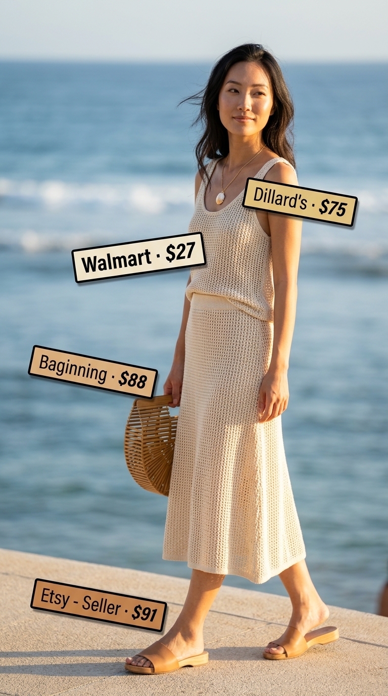 Cool and hot summer outfits for women 2026: Cream crochet knit set for resort vacation.