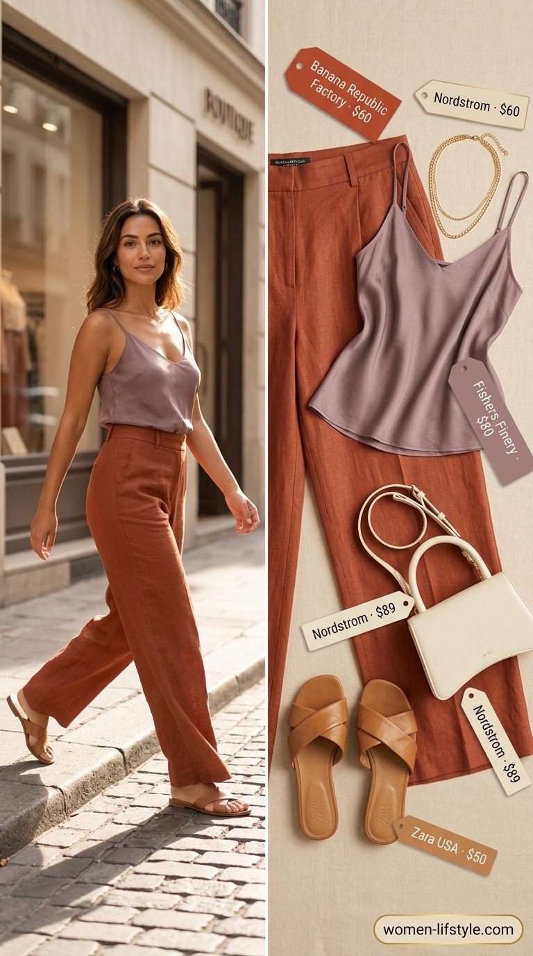 Cool and hot summer outfits for women 2026: Cream linen pants, silk cami, and gold sandals for resort lunch.