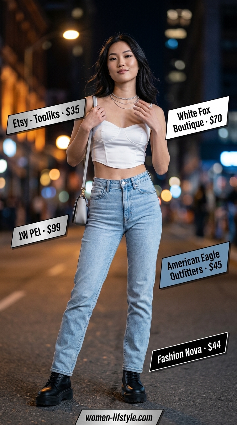 Cool and hot summer outfits for women 2026: White corset top, distressed denim jeans, combat boots for an edgy concert look.