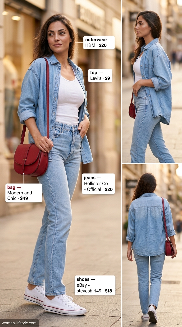 Cool and hot summer outfits for women 2026: White tank top, denim jeans, red crossbody bag for casual weekend style.