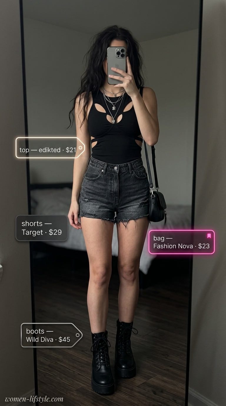 Cool and hot summer outfits for women 2026: Black cutout crop top, distressed denim shorts, combat boots for a festival vibe.