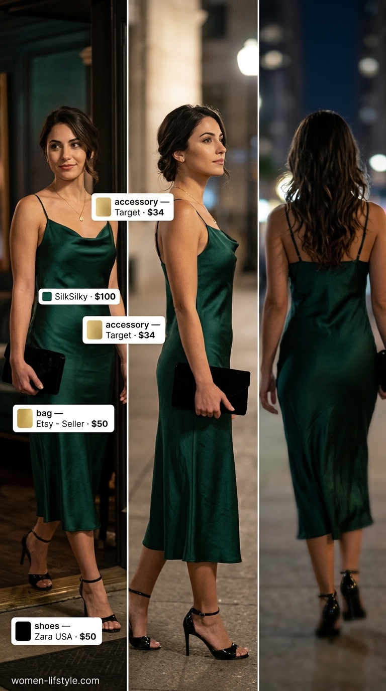 Cool and hot summer outfits for women 2026: Emerald green satin slip dress, black clutch, gold heels for a glamorous date night.