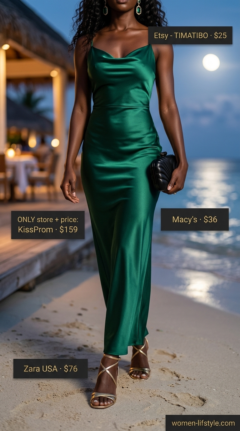 Cool and hot summer outfits for women 2026: Emerald green satin maxi dress with open back for beach parties.