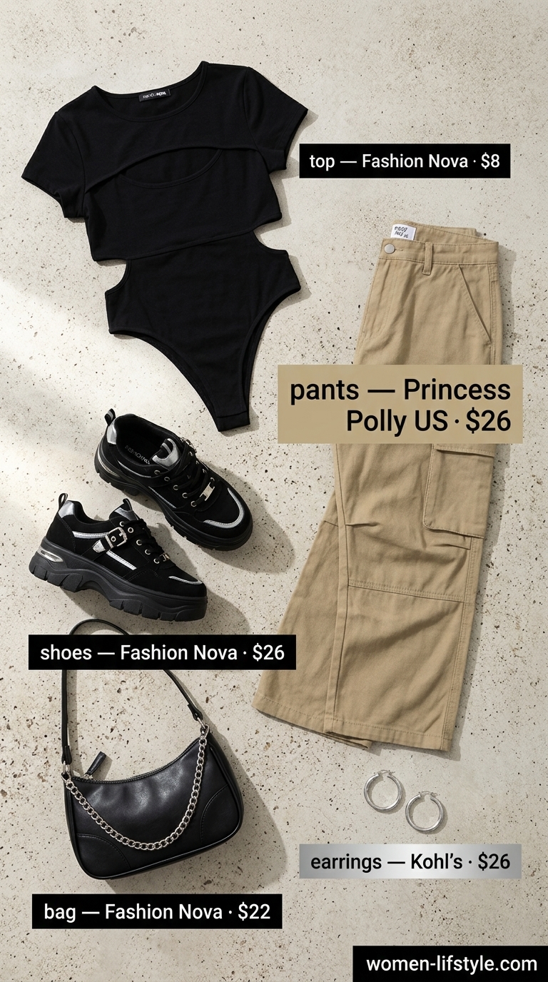 Cool and hot summer outfits for women 2026: Khaki cargo pants, black crop top, platform sneakers for a Y2K festival vibe.
