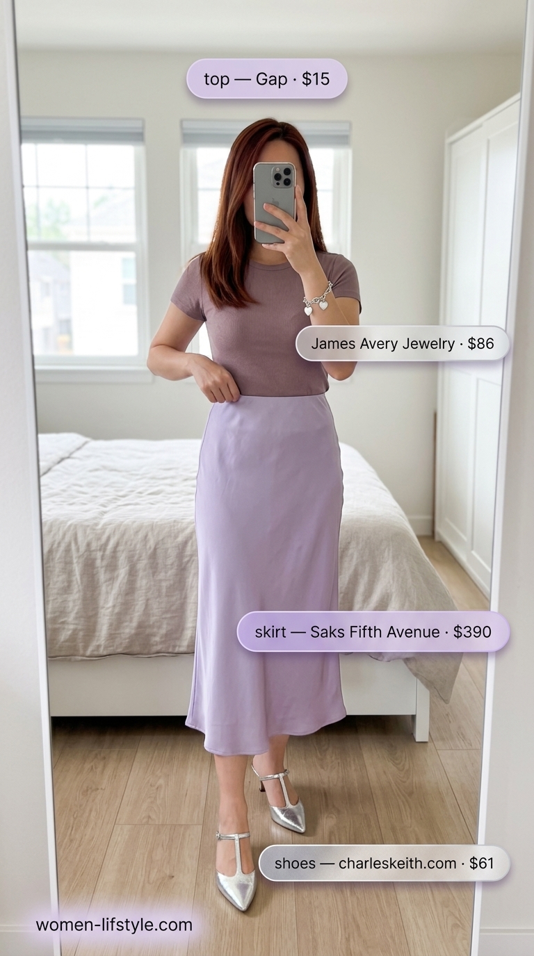 Cool and hot summer outfits for women 2026: Lavender satin midi skirt, cream knit top, silver heels for a romantic brunch.