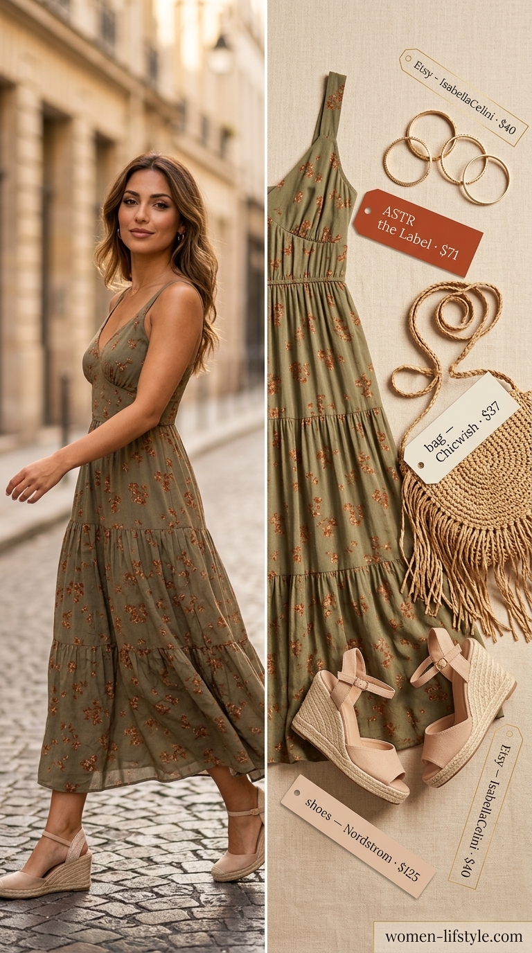 Cool and hot summer outfits for women 2026: Olive green floral maxi dress for outdoor events.