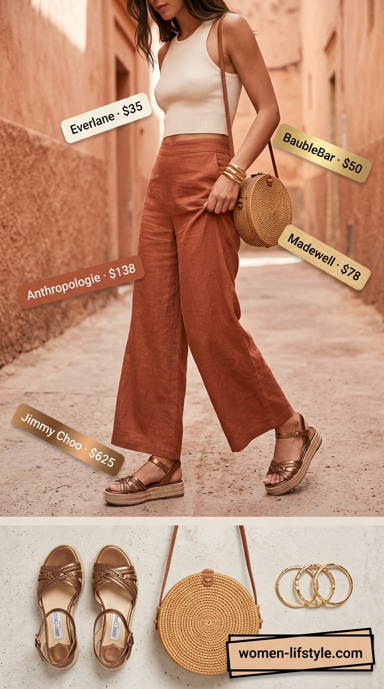 Cool and hot summer outfits for women 2026: Terracotta linen pants with ivory crop top for resort wear.