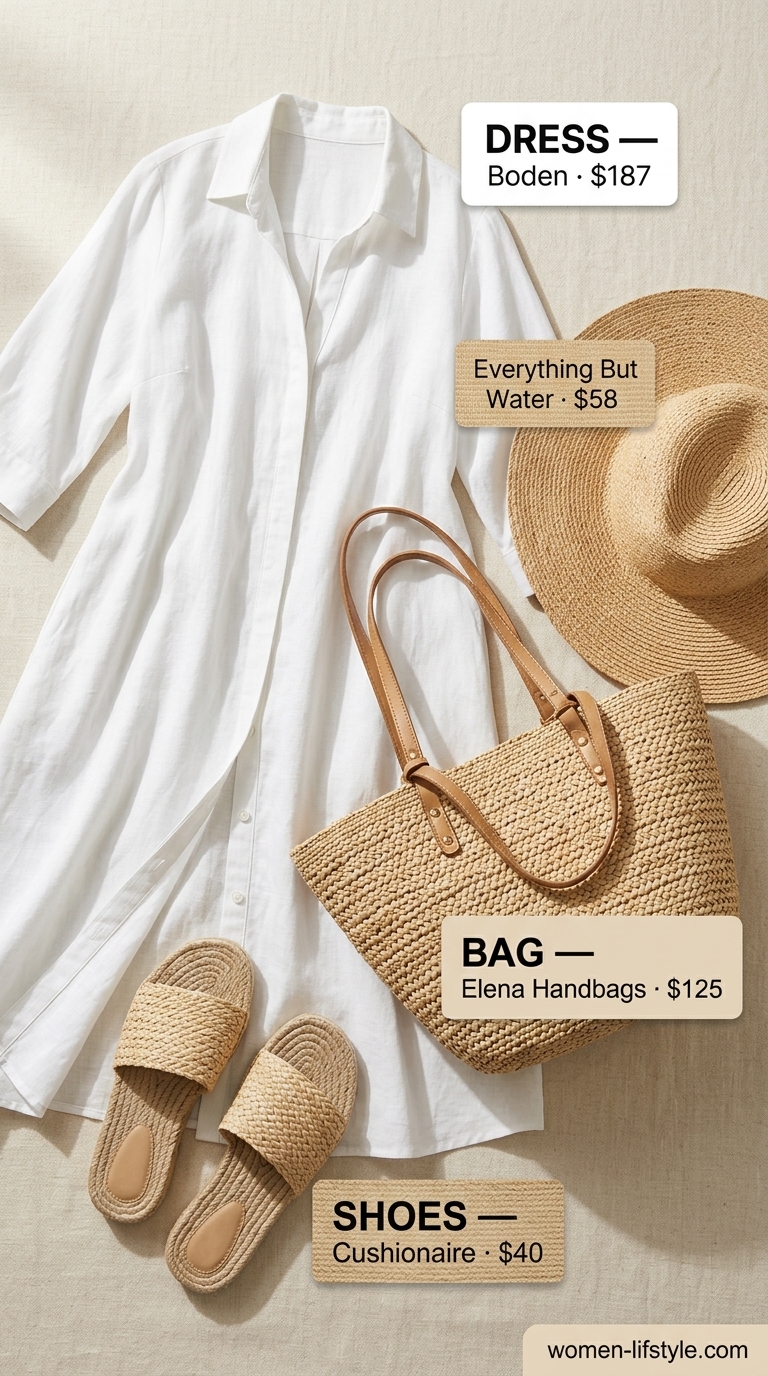 Cool and hot summer outfits for women 2026: White linen shirt dress, straw hat, espadrilles for effortless resort chic.