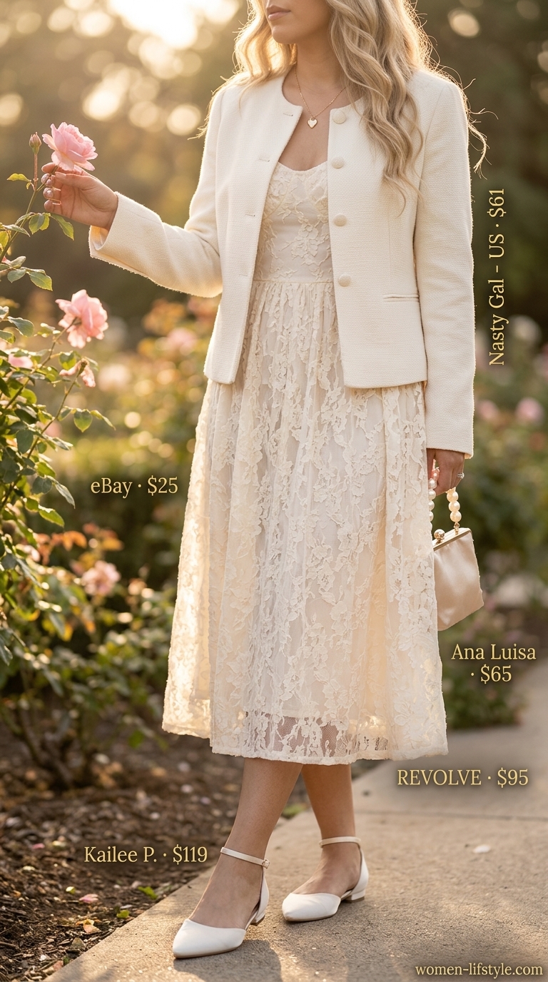 Coquette Lace Summer Outfits 2026: Brunch Style Coquette lace summer outfits for women 2026: Cream floral lace midi dress, ballet flats, pearl bag for brunch.