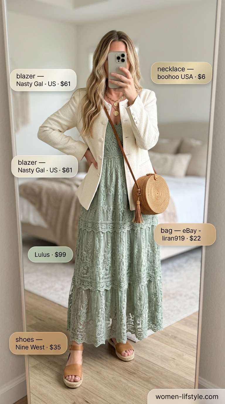 Coquette Lace Summer Outfits 2026: Garden Party Coquette lace summer outfits for women 2026: Sage green tiered lace maxi dress, straw bag, espadrilles for a garden party.