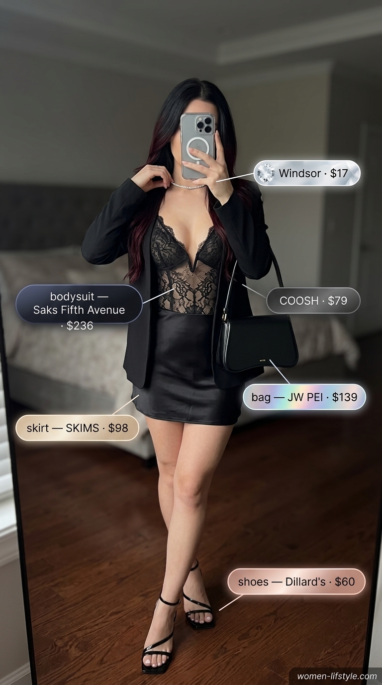 Coquette Lace Summer Outfits 2026: Date Night Coquette lace summer outfits for women 2026: Black lace bodysuit, red mini skirt, stiletto sandals for date night.