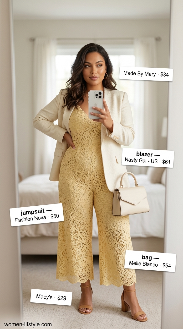 Coquette Lace Summer Outfits 2026: Summer Soiree Coquette lace summer outfits for women 2026: Soft yellow lace jumpsuit, block heels, top-handle bag for a soiree.