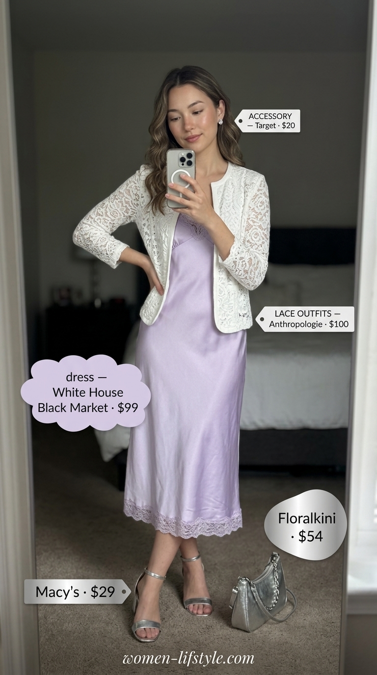 Coquette Lace Summer Outfits 2026: Romantic Dinner Coquette lace summer outfits for women 2026: Lavender satin slip dress with lace trim, silver sandals, clutch for a dinner.