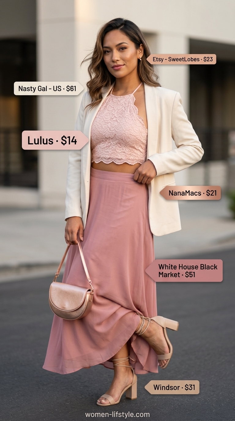 Coquette Lace Summer Outfits 2026: Romantic Lace Top Coquette lace summer outfit: Black lace crop top, blush chiffon maxi skirt, and rose gold accessories.