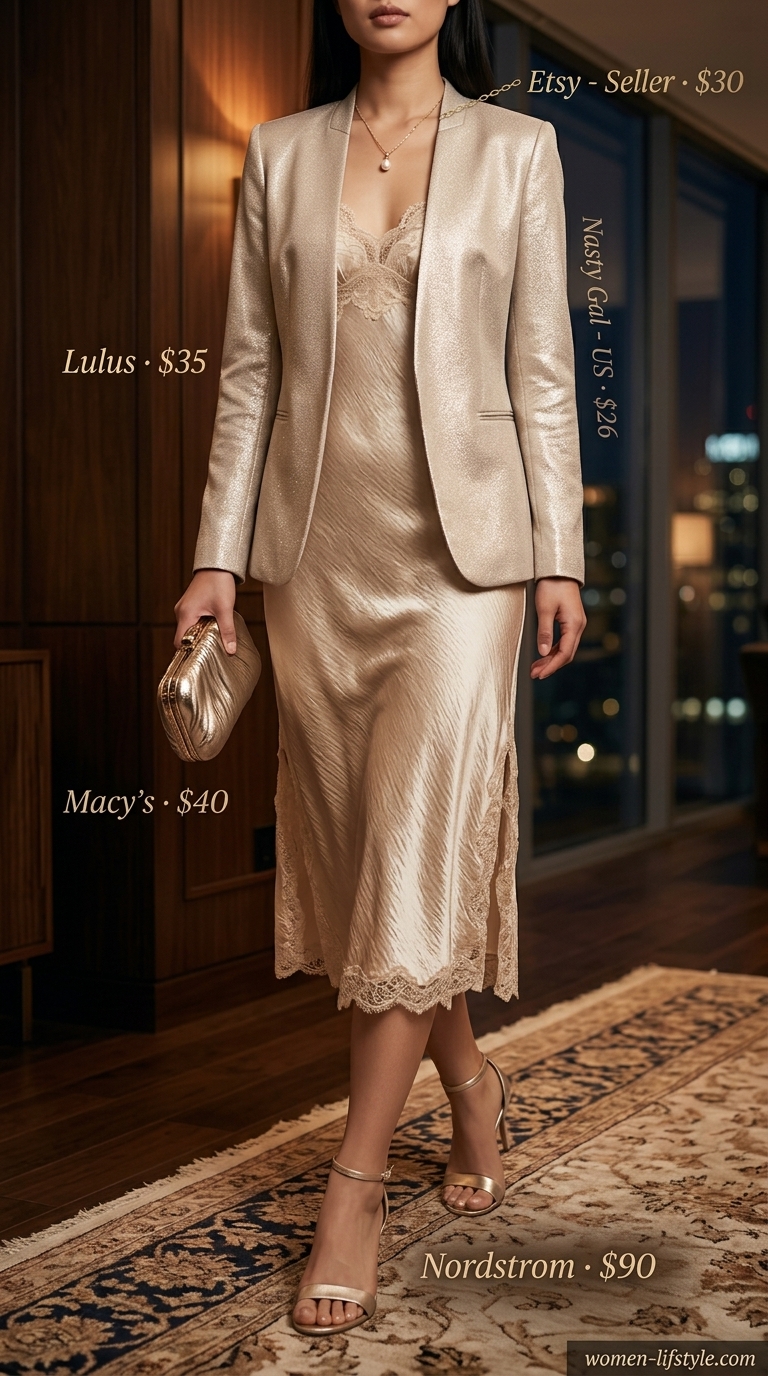 Coquette Lace Summer Outfits 2026: Elegant Slip Dress Coquette lace summer outfit: Champagne satin slip dress with lace trim, gold sandals, and clutch for evening.