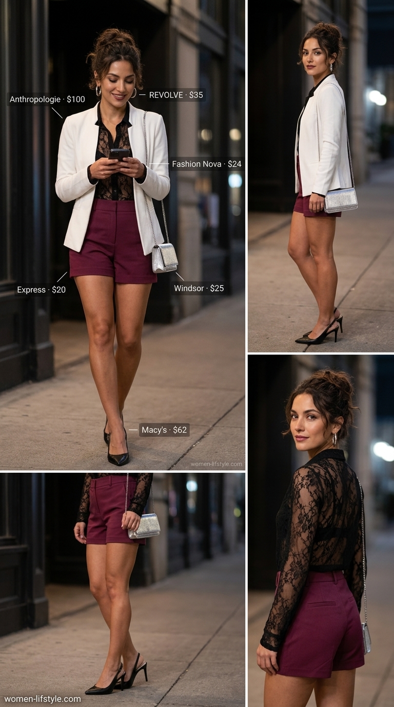 City Nights Coquette Lace Outfits 2026 City nights outfit: sheer black lace blouse, black shorts, berry heels. Coquette lace summer outfits for women 2026.