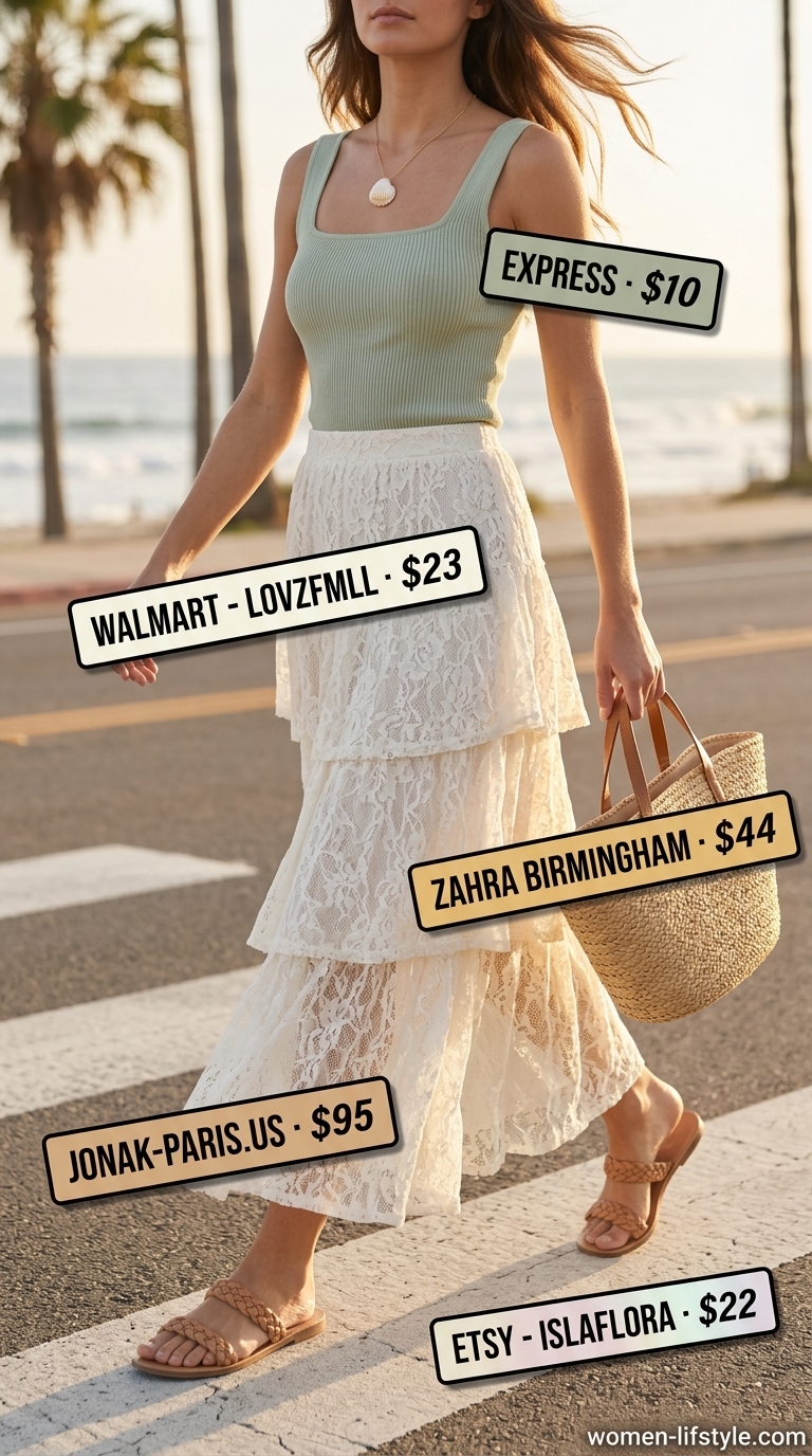 Coquette Lace Summer Outfits 2026: Bohemian Lace Skirt Coquette lace summer outfit: Cream lace maxi skirt, sage green knit top, gold necklace, and straw tote.